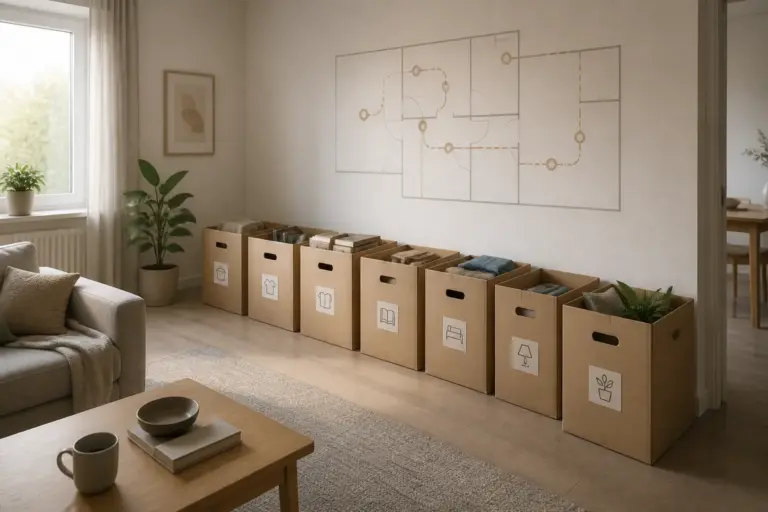 rustige woonkamer met gelabelde kartonnen verhuisdozen in een duidelijke rij langs de muur
