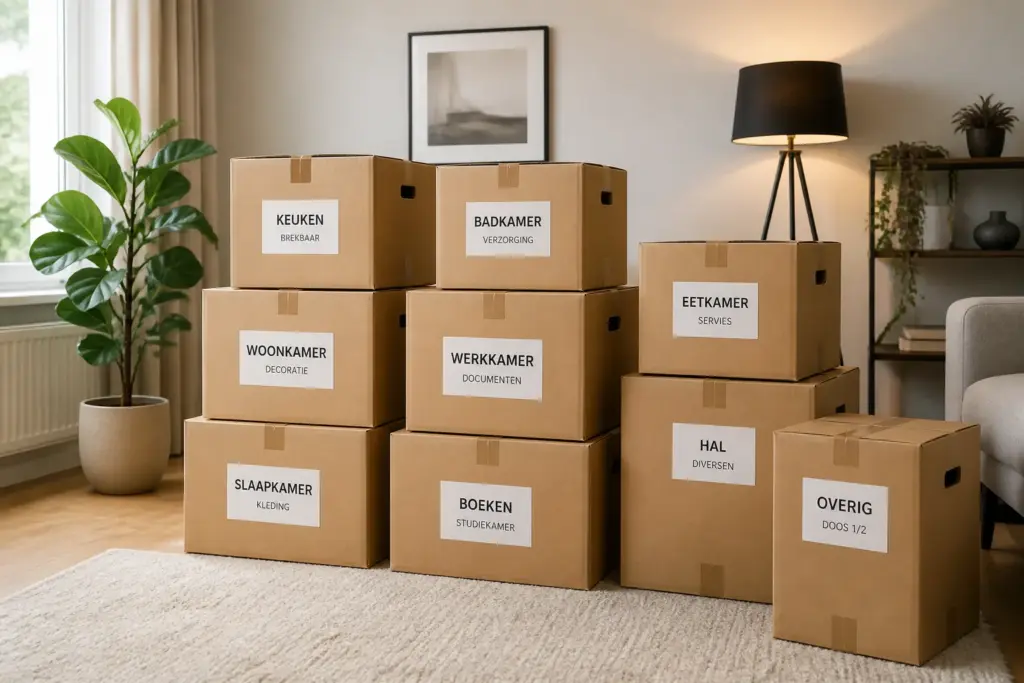 netjes gelabelde kartonnen verhuisdozen in een rustige, lichte woonkamer met een stijlvolle vloerlamp en plant