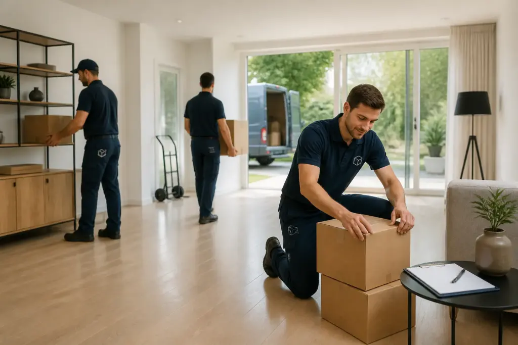 professionele verhuizers ruimen de laatste meubels en dozen uit een bijna lege, bezemschoon gemaakte woonkamer