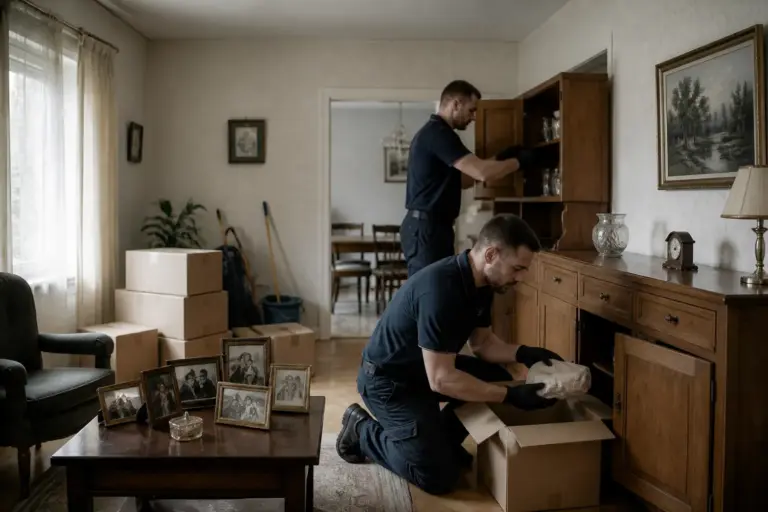 professionele ontruimers legen een dressoir in een rustige woonkamer met verhuisdozen en familiefoto’s