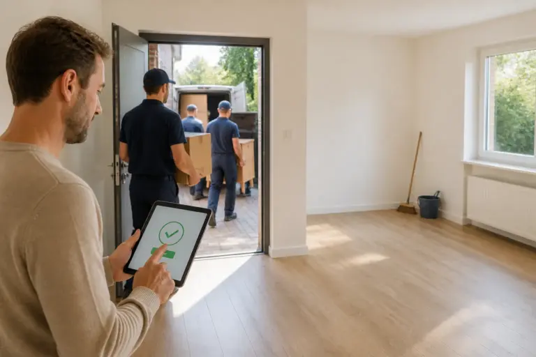 verhuizers dragen de laatste meubels uit een bijna lege woonkamer terwijl de opdrachtgever de opdracht op een tablet