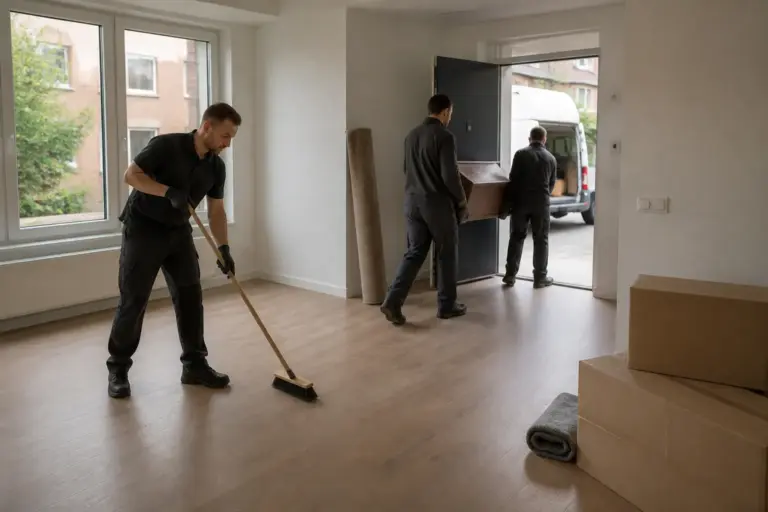 verhuizers ontruimen een woonkamer en maken de ruimte bezemschoon