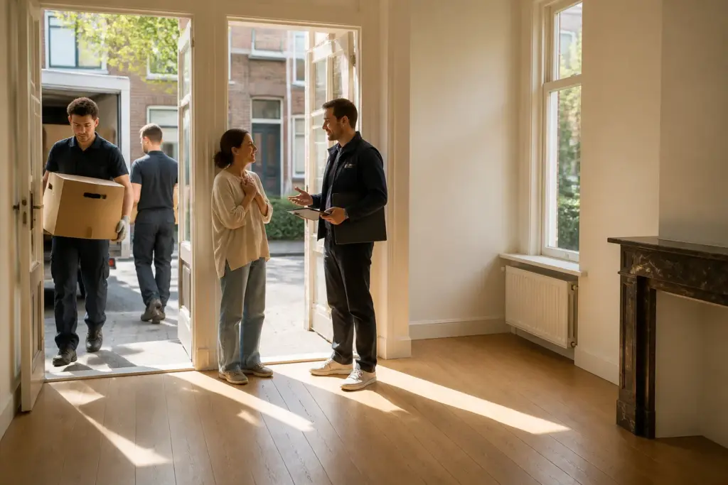 ontruimingsmedewerkers die zorgvuldig de laatste dozen uit een bijna lege woonkamer dragen terwijl een vaste contactpersoon