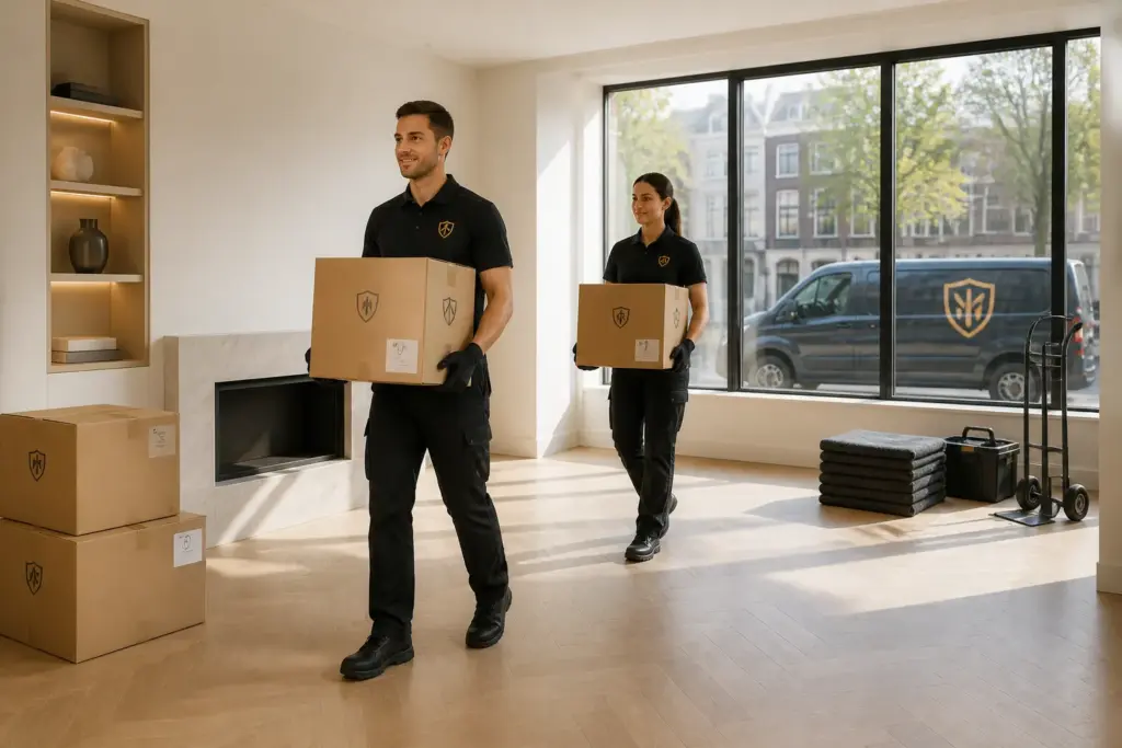 ontruimingsmedewerkers met uniforme kleding dragen dozen uit een bijna lege luxe woonkamer