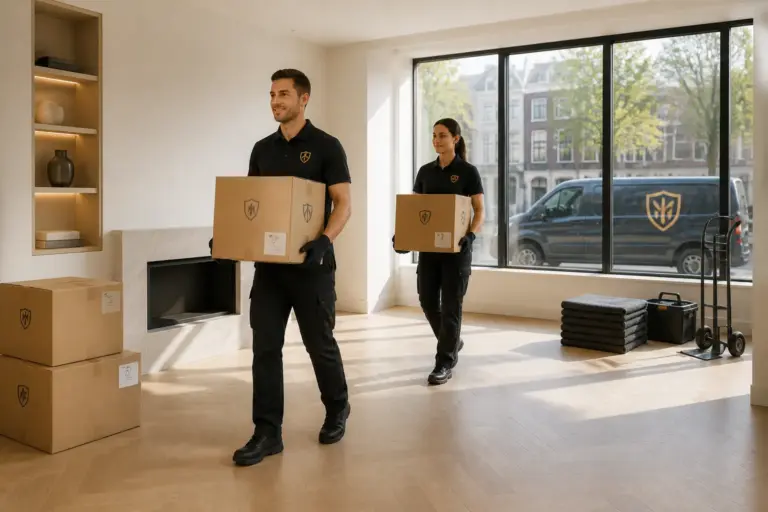 ontruimingsmedewerkers met uniforme kleding dragen dozen uit een bijna lege luxe woonkamer