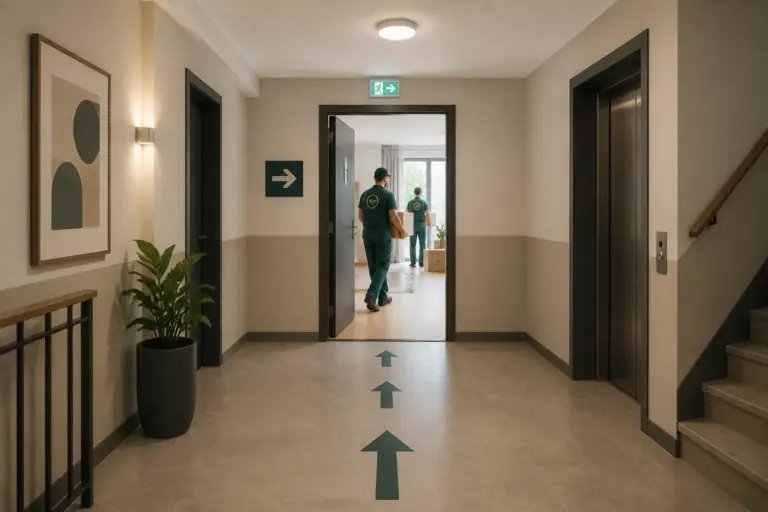 ontruimingsmedewerkers lopen met dozen uit een bijna lege woonkamer terwijl in de gang pijlen de route aangeven