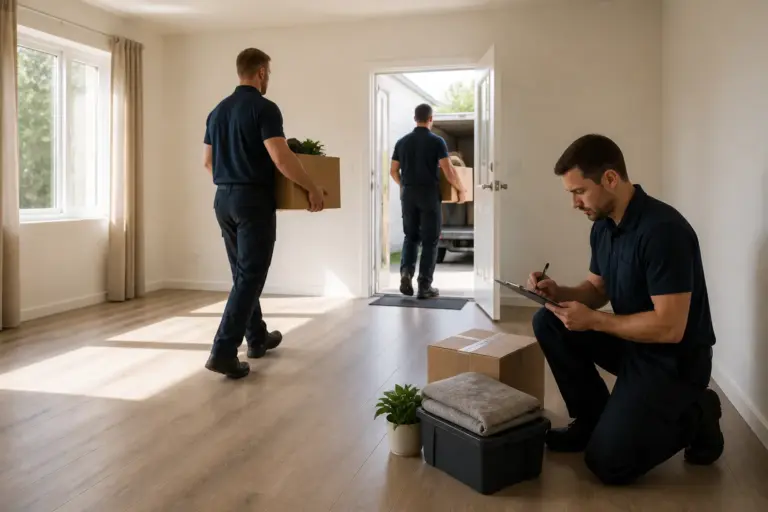 ontruimingsmedewerkers dragen dozen uit een bijna lege woonkamer terwijl een collega een formulier tekent