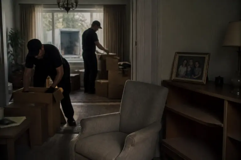 professionele ontruimers pakken haastig dozen in een halflege emotionele woonkamer