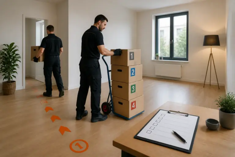 ontruimingsmedewerkers die in een bijna lege woonkamer geordende dozen op een steekwagen stapelen