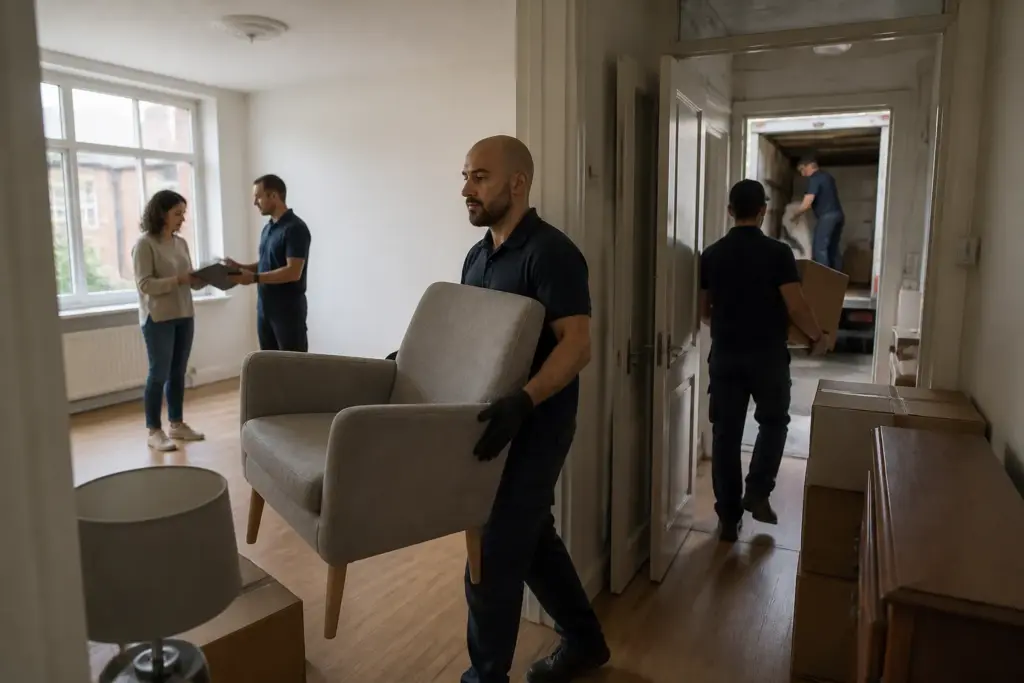 verhuizers ontruimen een woonkamer terwijl een familielid in de gang overleg heeft met een medewerker