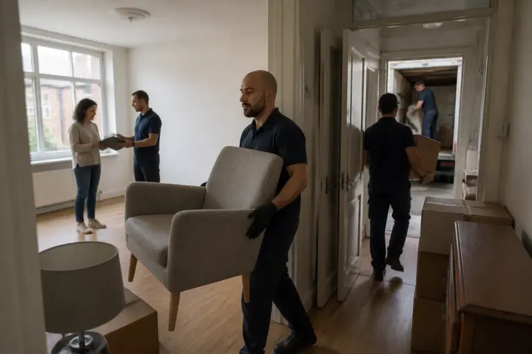 verhuizers ontruimen een woonkamer terwijl een familielid in de gang overleg heeft met een medewerker
