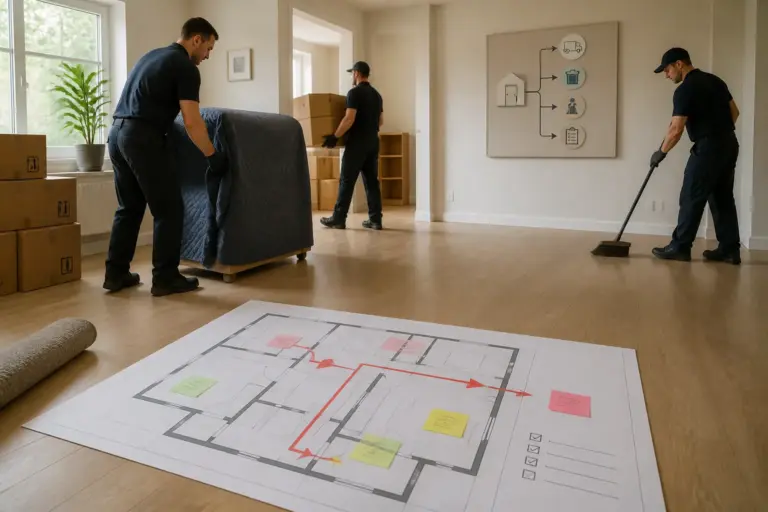 verhuizers ontruimen een woonkamer terwijl op de voorgrond een plattegrond met gemarkeerde route ligt