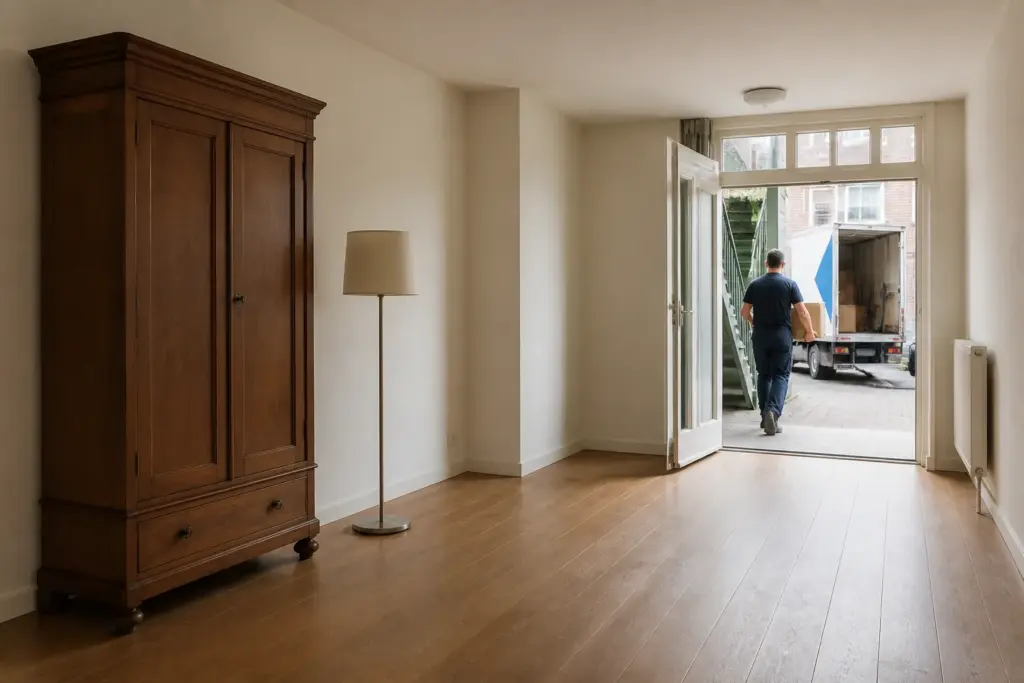 bijna lege woonkamer waarin een verhuizer de laatste kast richting openstaande voordeur rolt