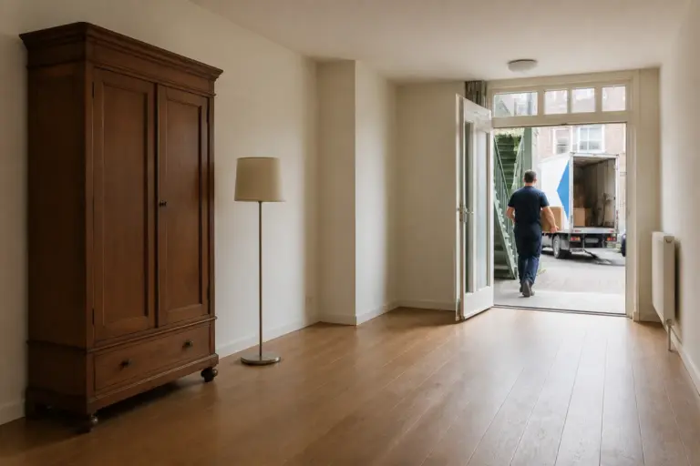 bijna lege woonkamer waarin een verhuizer de laatste kast richting openstaande voordeur rolt