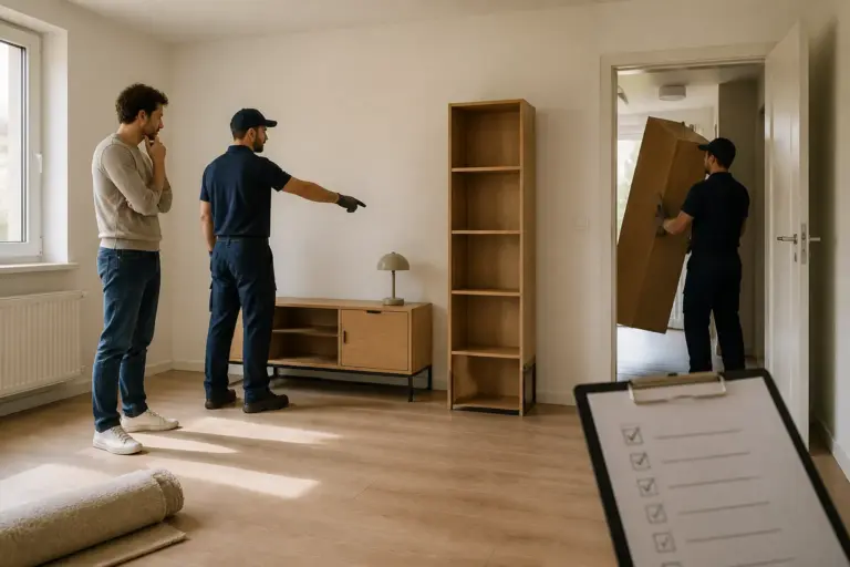 bijna lege woonkamer waar een verhuizer met checklist de laatste meubels aanwijst aan een nieuwsgierige bewoner