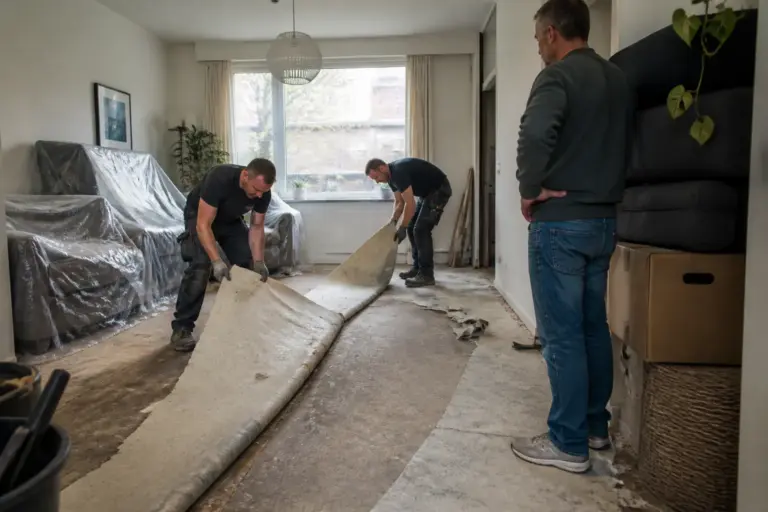 twee vakmensen trekken brede banen oude vloerbedekking los in een woonkamer met afgedekte meubels
