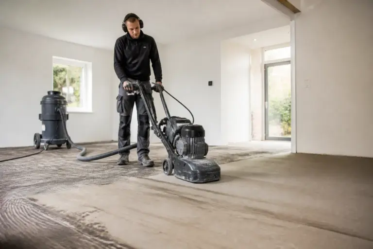 vloerspecialist verwijdert oude vloer met professionele schuurmachine en stofzuiger in lege woonkamer