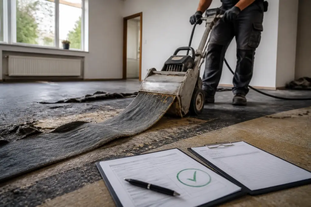 vloerexperts trekken oude vloerbedekking in brede banen los naast een ondertekende werkbon