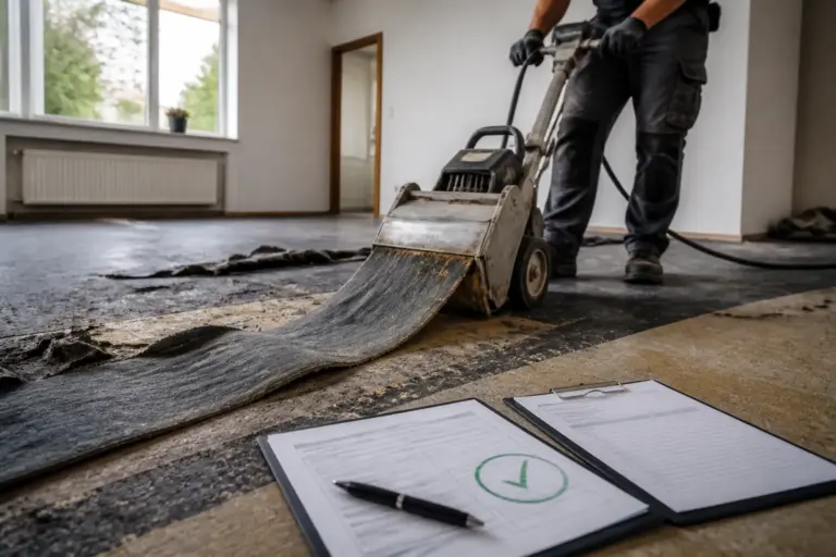 vloerexperts trekken oude vloerbedekking in brede banen los naast een ondertekende werkbon