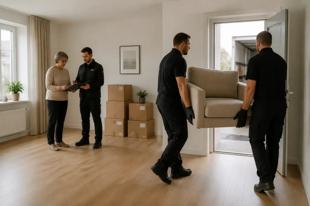 bijna lege woonkamer waar verhuizers de laatste kast wegdragen terwijl een familielid met een medewerker overlegt