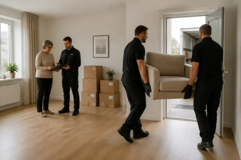 bijna lege woonkamer waar verhuizers de laatste kast wegdragen terwijl een familielid met een medewerker overlegt