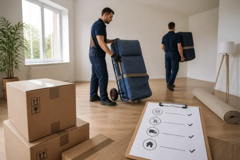 bijna lege woonkamer waar verhuizers de laatste meubels op een steekkar laden naast gelabelde verhuisdozen
