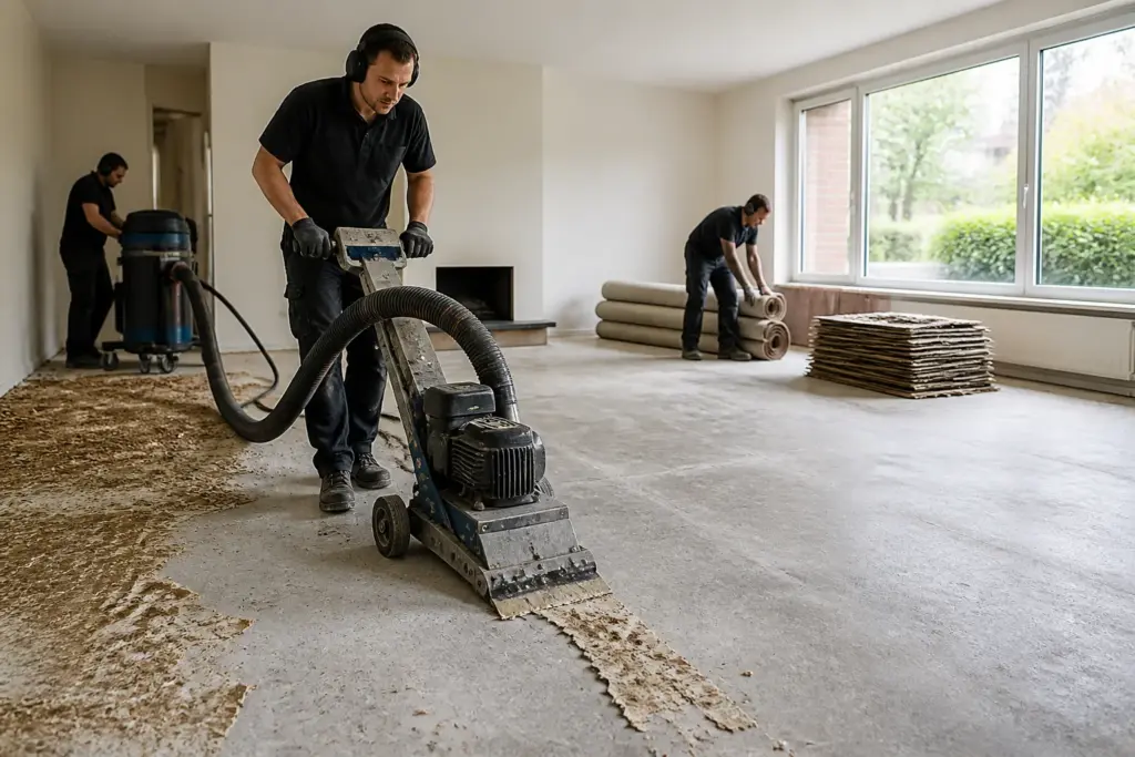 vloerspecialist verwijdert verlijmde vloer met schraapmachine in lege woonkamer