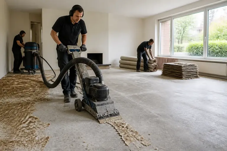 vloerspecialist verwijdert verlijmde vloer met schraapmachine in lege woonkamer