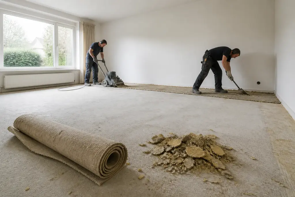 twee vakmensen verwijderen versleten vloerbedekking in een lege woonkamer met opgerold tapijt en kale vloer