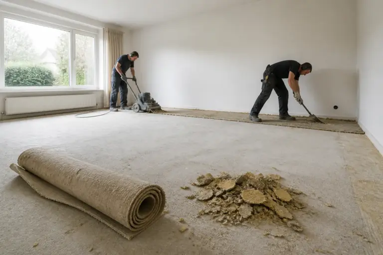 twee vakmensen verwijderen versleten vloerbedekking in een lege woonkamer met opgerold tapijt en kale vloer