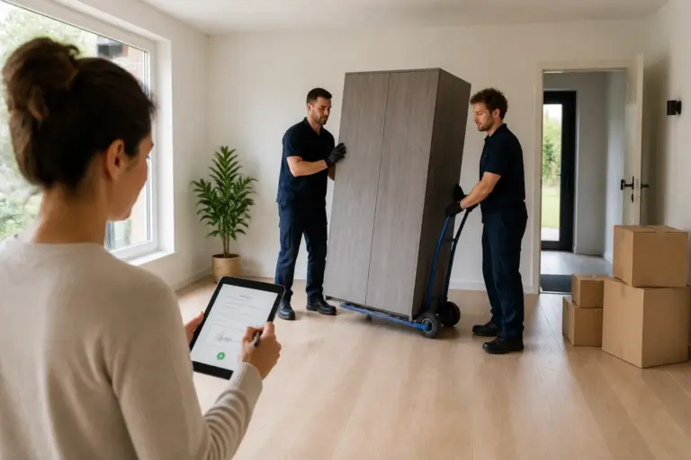 bijna lege woonkamer waar verhuizers de laatste kast meenemen terwijl klant akkoord geeft op tablet