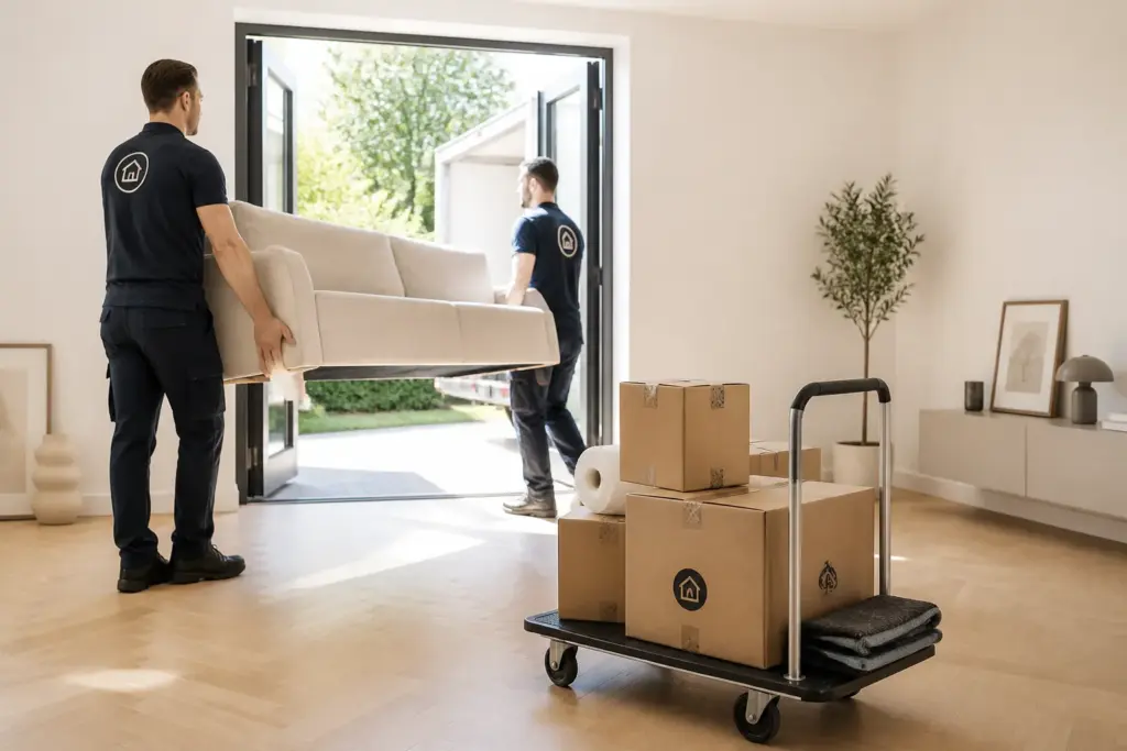 bijna lege woonkamer waar twee verhuizers in uniform het laatste meubel en dozen weghalen