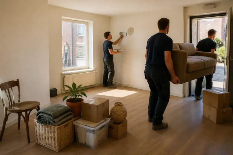 verhuizers die een bijna lege woonkamer opruimen en voorbereiden op oplevering