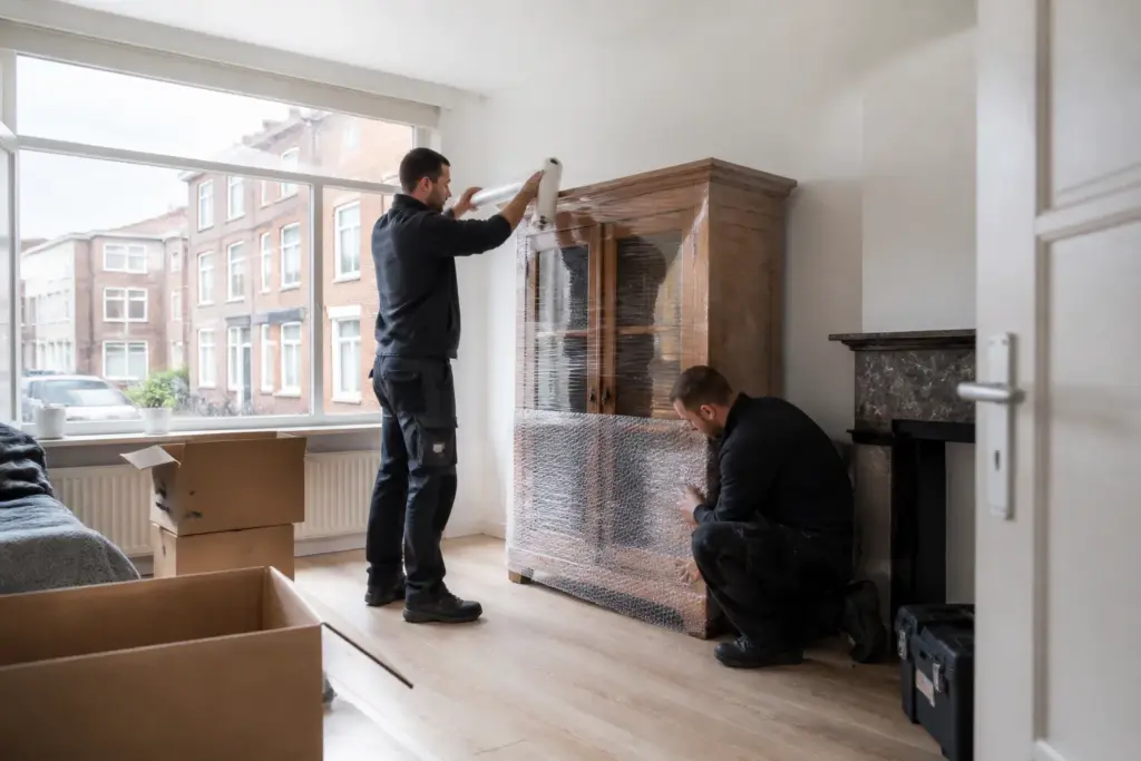 professionele ontruimers pakken meubels in een halflege Nederlandse woonkamer in tijdens woningontruiming