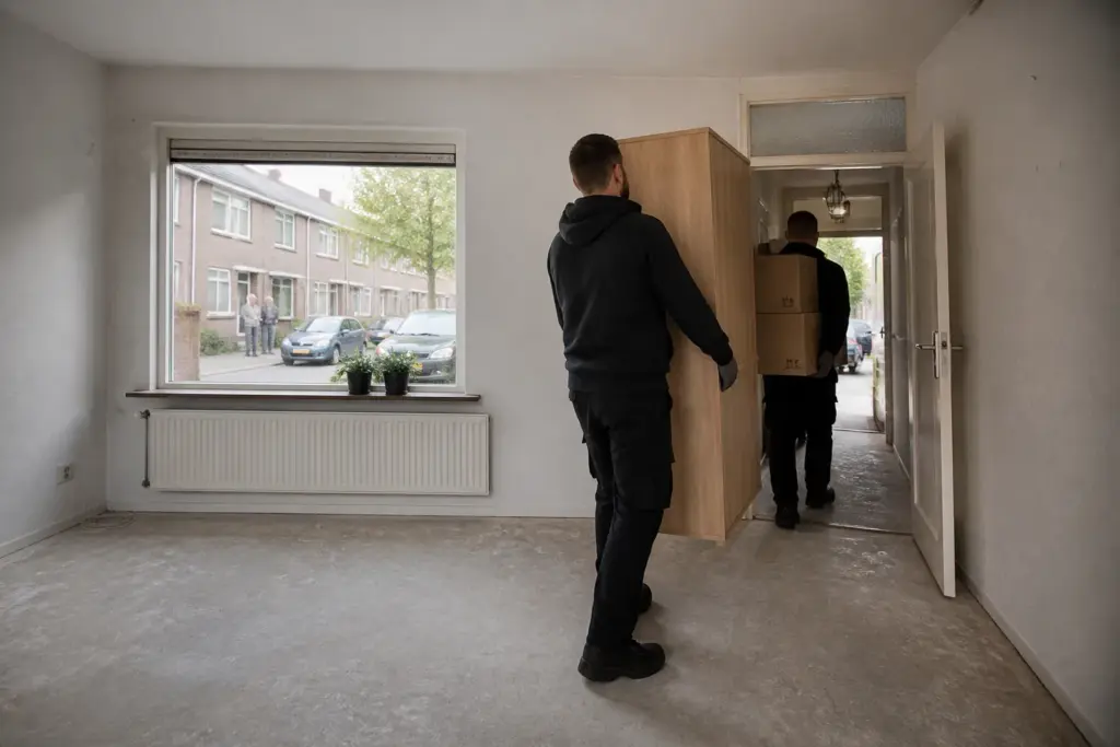 bijna lege woonkamer waar verhuizers de laatste meubels weghalen terwijl buiten een woonstraat zichtbaar is