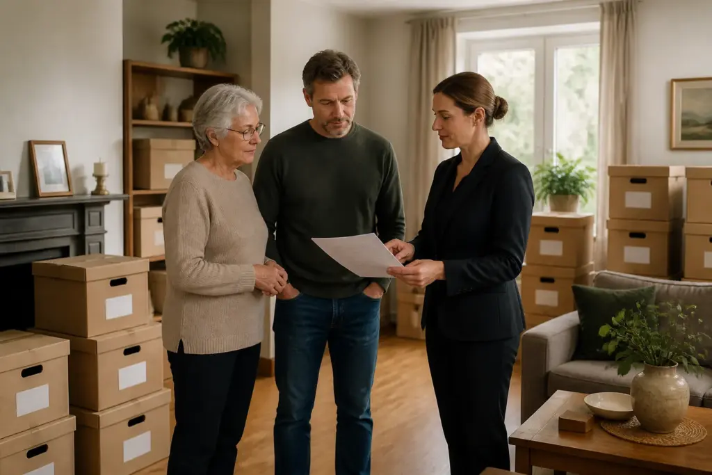 familie en professional overleggen in een woonkamer met gelabelde kartonnen verhuisdozen