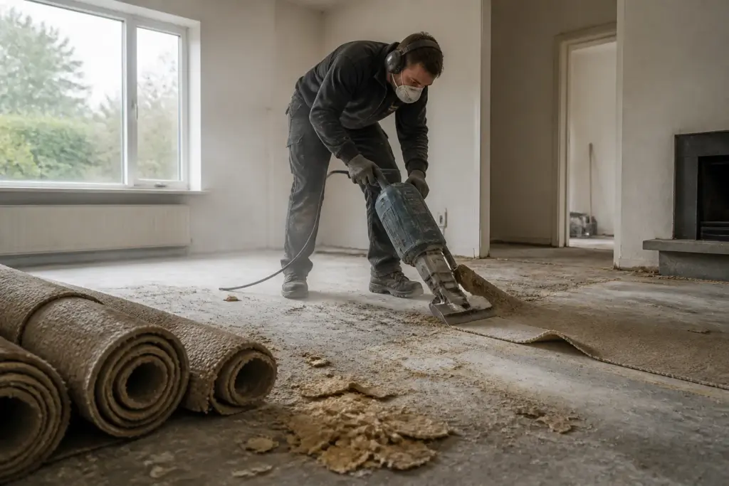 vloerspecialist verwijdert gelijmd tapijt met een vloerstripper in een lege woonkamer
