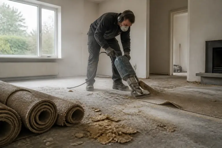 vloerspecialist verwijdert gelijmd tapijt met een vloerstripper in een lege woonkamer