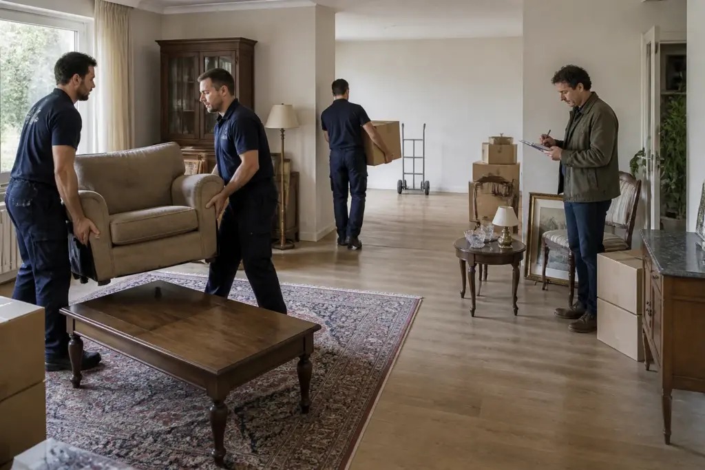 verhuizers ontruimen een woonkamer terwijl een opkoper geselecteerde meubels en dozen beoordeelt